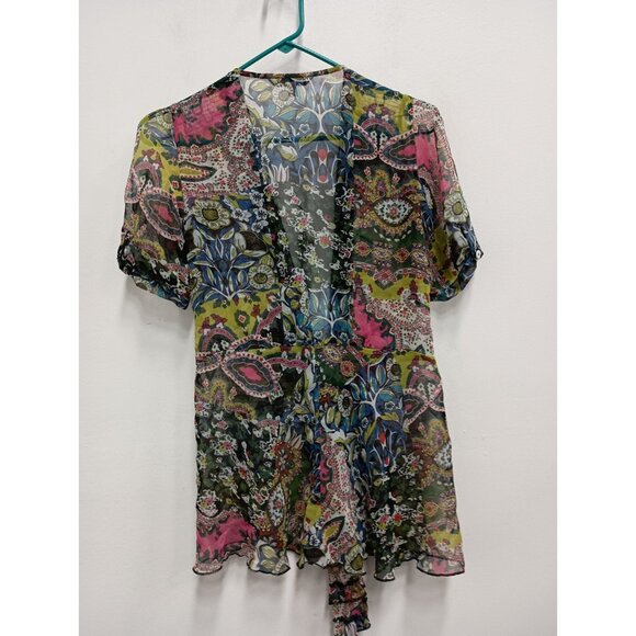 Cabi BOHO Y2K Kimono Womens Small Floral Chiffon Sheer Short Sleeve Tie Top #543 - Picture 6 of 8